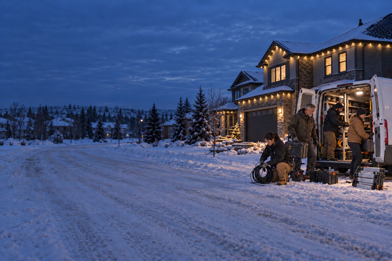 Craft Electric crew unloading a van at a winter roofline lighting job, Calgary