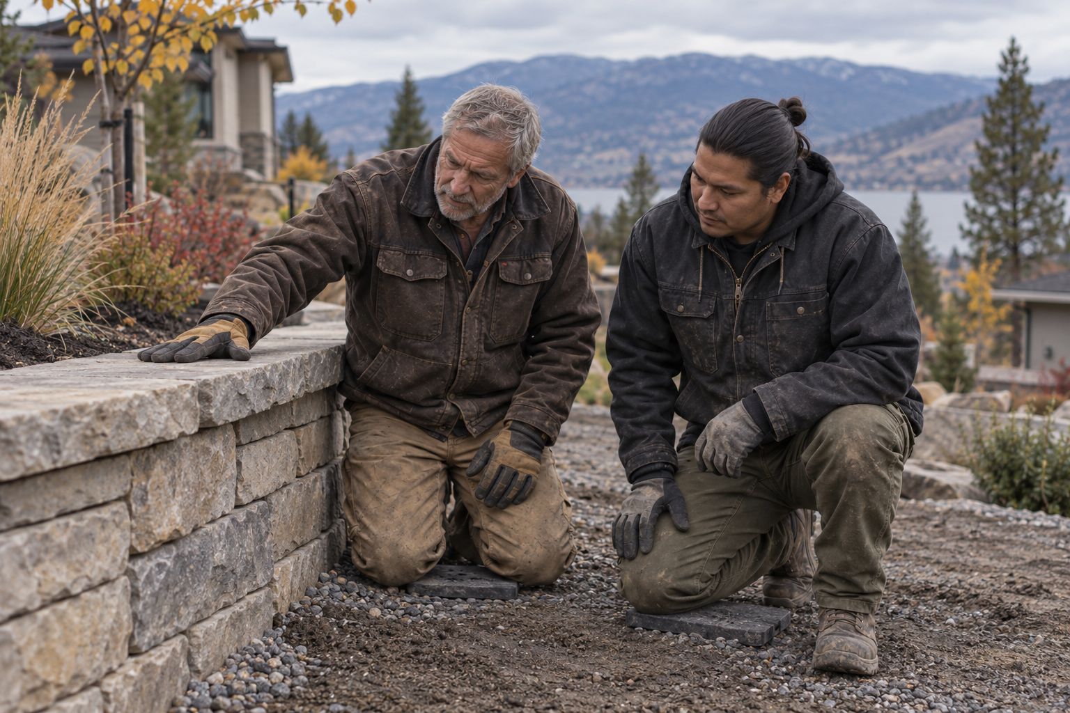 Retiring owner showing his crew lead how a cap stone sits on a retaining wall