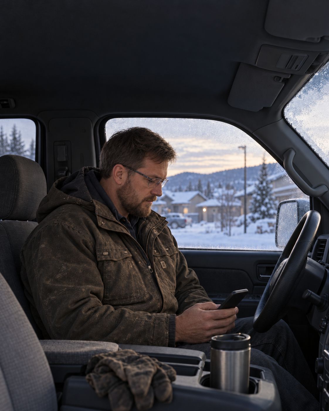 Owner reviewing the morning brief on his phone in the truck at dawn