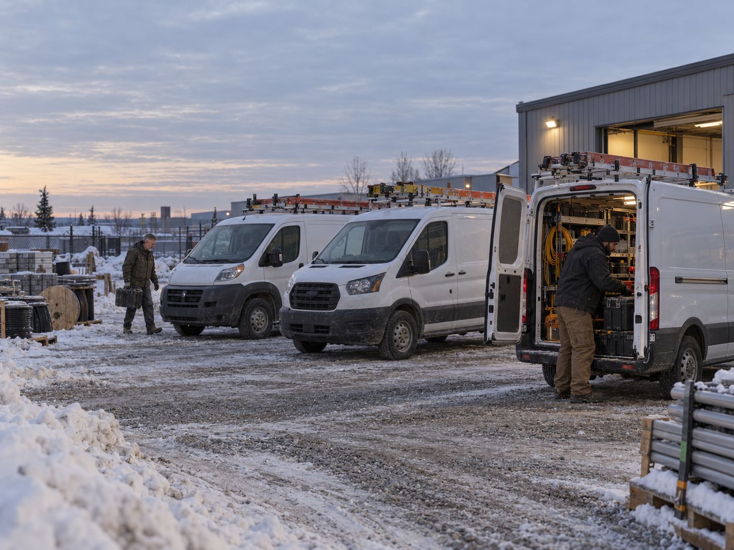 Craft Electric vans being loaded in the yard at first light